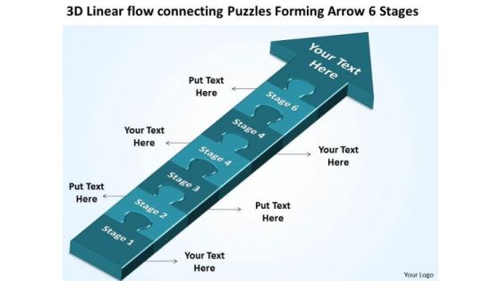 3d Linear Flow Connecting Puzzles Forming Arrow 6 Stages Business Tech Support PowerPoint Slides