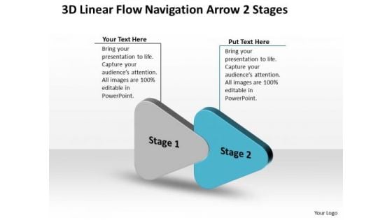 3d Linear Flow Navigation Arrow 2 Stages Ppt Working Chart PowerPoint Slides