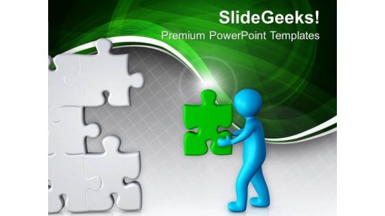 3d Man About To Fix Puzzle Piece PowerPoint Templates Ppt Backgrounds For Slides 0713