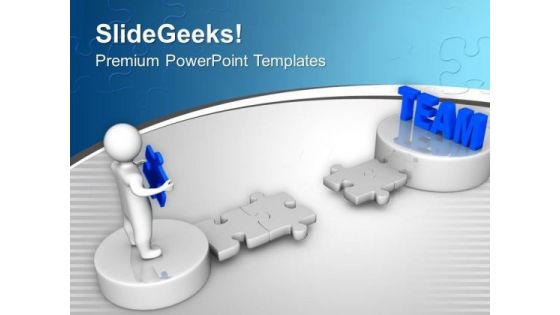 3d Man Holds Puzzle To Reach Team Business PowerPoint Templates Ppt Backgrounds For Slides 0113