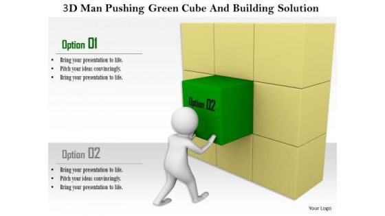 3d Man Pushing Green Cube And Building Solution