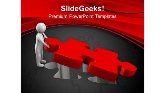 3d Man Pushing Puzzle Piece Into Its Place PowerPoint Templates Ppt Backgrounds For Slides 0713