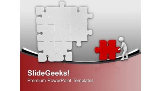 3d Man Pushing Puzzle To Business Solution PowerPoint Templates Ppt Backgrounds For Slides 0213