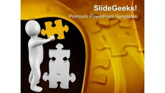 3d Man Putting Yellow Piece On Puzzle PowerPoint Templates Ppt Backgrounds For Slides 0713