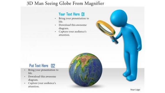 3d Man Seeing Globe From Magnifier