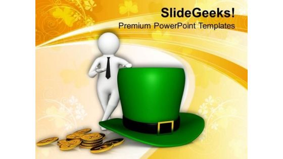 3d Man Standing Beside Hat St Patricks Day PowerPoint Templates Ppt Backgrounds For Slides 0313