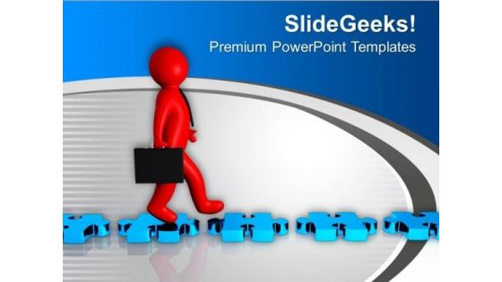 3d Man Walking On Blue Puzzle Road PowerPoint Templates Ppt Backgrounds For Slides 0213