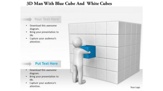 3d Man With Blue Cube And White Cubes