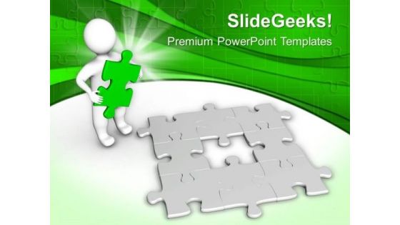 3d Man With Green Missing Jigsaw Puzzle PowerPoint Templates Ppt Backgrounds For Slides 0413