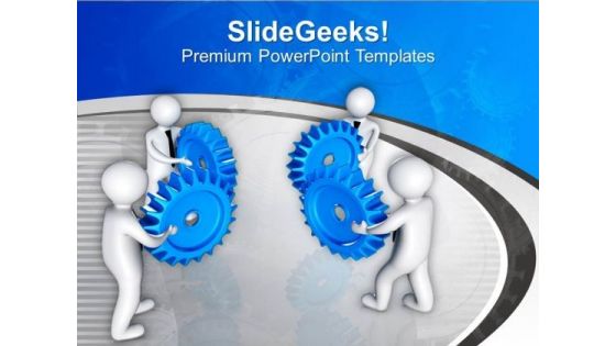 3d Men Pushing Gears To Combine Communication PowerPoint Templates Ppt Backgrounds For Slides 0213