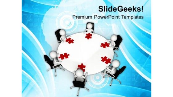 3d Men Sitting Around Table With Puzzle Pieces PowerPoint Templates Ppt Backgrounds For Slides 0713