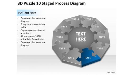 3d Puzzle 10 Staged Process Diagram Ppt Business Plan Outline Template Free PowerPoint Slides