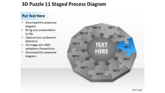 3d Puzzle 11 Staged Process Diagram Ppt Creating Business Plan Step By PowerPoint Slides