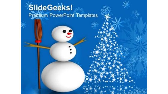 3d Snowman With Broom On Snowflakes Background PowerPoint Templates Ppt Backgrounds For Slides 1212