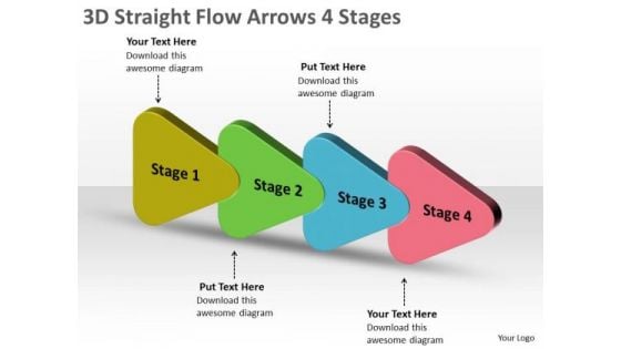 3d Straight Flow Arrows 4 Stages Flowchart PowerPoint Free Slides