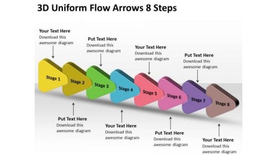 3d Uniform Flow Arrows 8 Steps PowerPoint Chart Slides