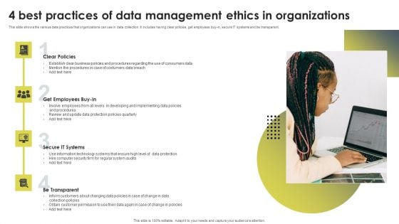 4 Best Practices Of Data Management Ethics In Organizations Ppt Infographics Grid PDF