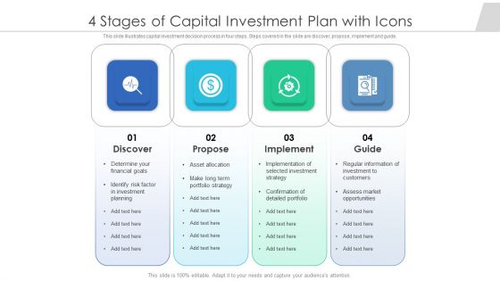 4 Stages Of Capital Investment Plan With Icons Ppt PowerPoint Presentation File Sample PDF