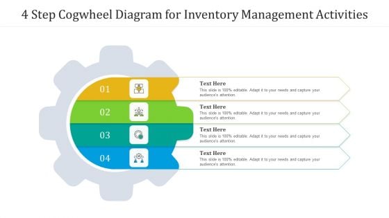 4 Step Cogwheel Diagram For Inventory Management Activities Ppt PowerPoint Presentation Gallery Brochure PDF