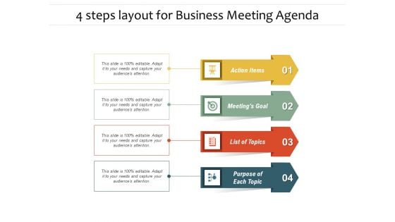 4 Steps Layout For Business Meeting Agenda Ppt PowerPoint Presentation Pictures Slide PDF