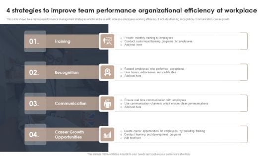 4 Strategies To Improve Team Performance Organizational Efficiency At Workplace Demonstration PDF 4 Strategies To Improve Team Performance Organizational Efficiency At Workplace Demonstration PDF