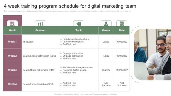 4 Week Training Program Schedule For Digital Marketing Team Sample PDF 4 Week Training Program Schedule For Digital Marketing Team Sample PDF