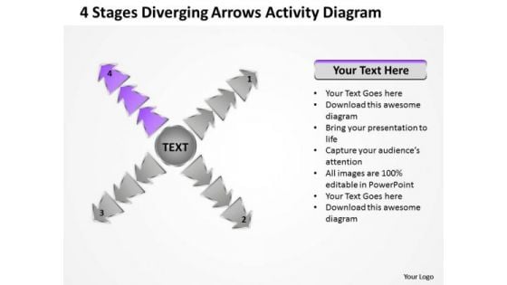 4 Stages Diverging Arrows Activity Diagram Circular Flow Process PowerPoint Slide