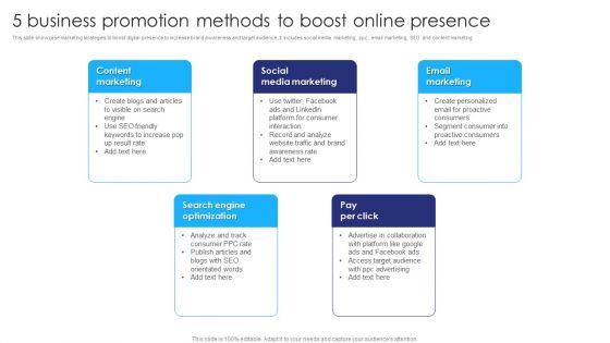 5 Business Promotion Methods To Boost Online Presence Ppt Portfolio Slide PDF