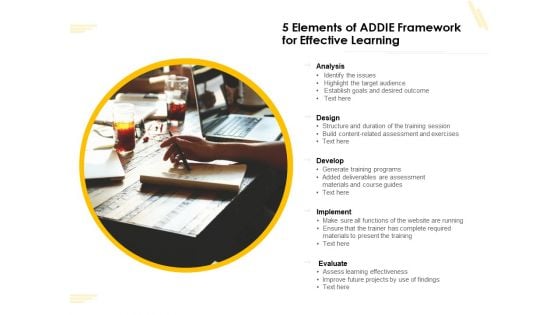 5 Elements Of ADDIE Framework For Effective Learning Ppt PowerPoint Presentation Gallery Slideshow PDF