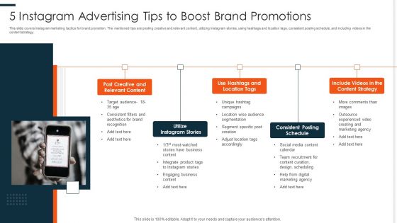 5 Instagram Advertising Tips To Boost Brand Promotion Promotions Ppt PowerPoint Presentation Gallery Templates PDF