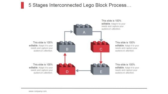 5 Stages Interconnected Lego Block Process Work Flow Diagram Ppt PowerPoint Presentation Visuals