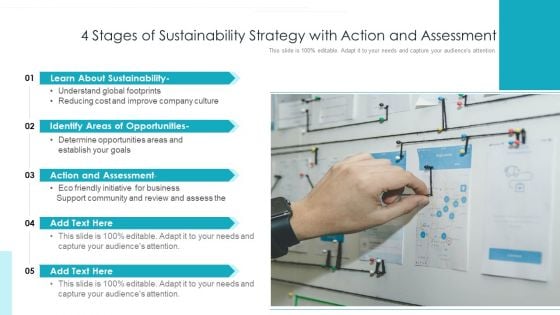 5 Stages Of Sustainability Strategy With Action And Assessment Ppt Model Graphic Tips PDF