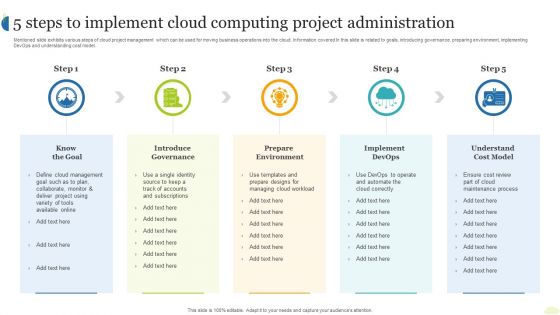5 Steps To Implement Cloud Computing Project Administration Ppt Show Design Ideas PDF