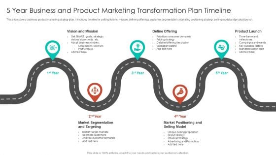 5 Year Business And Product Marketing Transformation Plan Timeline Background PDF