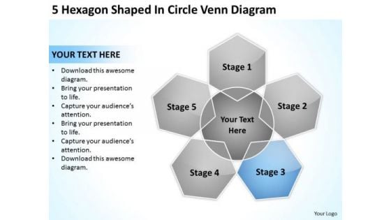 5 Hexagon Shaped In Circle Venn Diagram Business Plan PowerPoint Slides