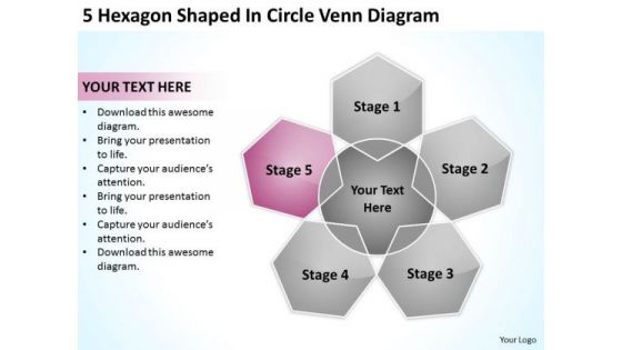 5 Hexagon Shaped In Circle Venn Diagram Ppt Business Financial Plan PowerPoint Templates