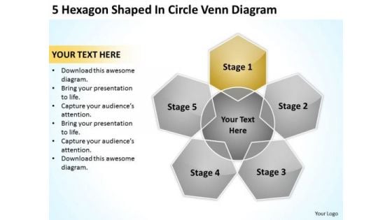 5 Hexagon Shaped In Circle Venn Diagram Ppt Business Plan Downloads PowerPoint Slides