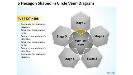 5 Hexagon Shaped In Circle Venn Diagram Ppt Business Plan PowerPoint Slides