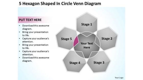 5 Hexagon Shaped In Circle Venn Diagram Ppt Business Plan Writing PowerPoint Templates