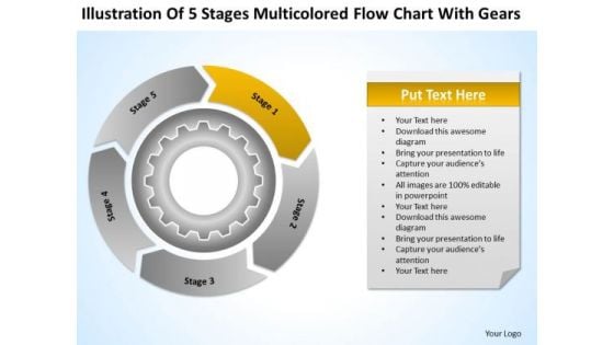 5 Stages Flow Chart With Gears Business Plan How To Write PowerPoint Templates