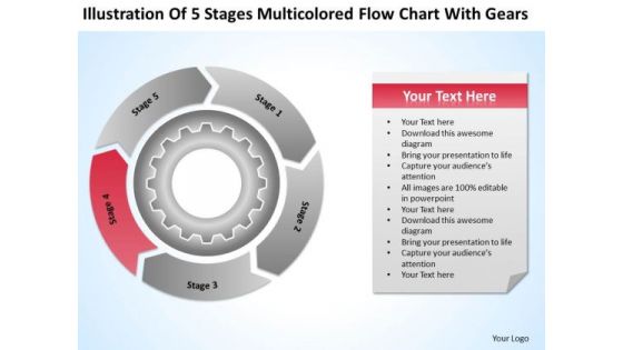 5 Stages Multicolored Flow Chart With Gears Laundromat Business Plan PowerPoint Slides