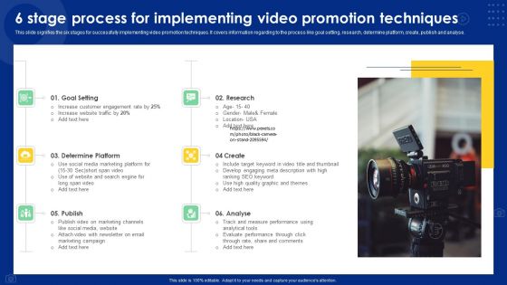 6 Stage Process For Implementing Video Promotion Techniques Ppt Portfolio Outline PDF