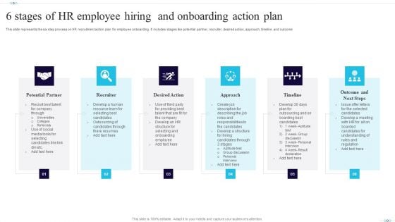 6 Stages Of HR Employee Hiring And Onboarding Action Plan Information PDF