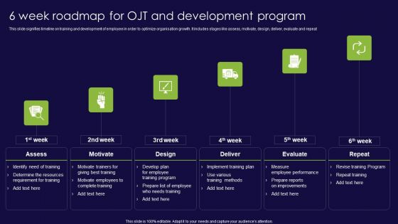 6 Week Roadmap For OJT And Development Program Ppt Portfolio Smartart PDF