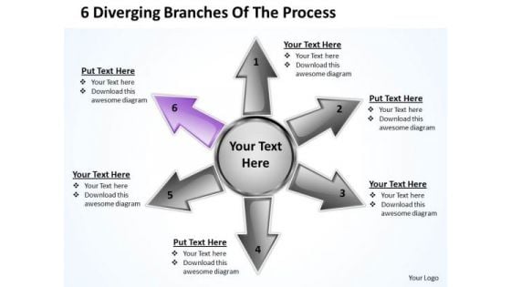 6 Diverging Branches Of Process Relative Circular Arrow Chart PowerPoint Template