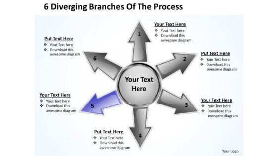6 Diverging Branches Of The Process Ppt Relative Circular Arrow Chart PowerPoint Templates