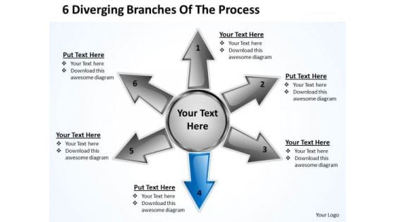 6 Diverging Branches Of The Process Relative Circular Arrow Chart PowerPoint Template