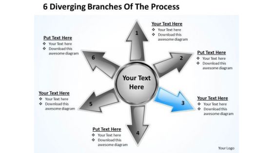6 Diverging Branches Of The Process Relative Circular Arrow Chart PowerPoint Templates