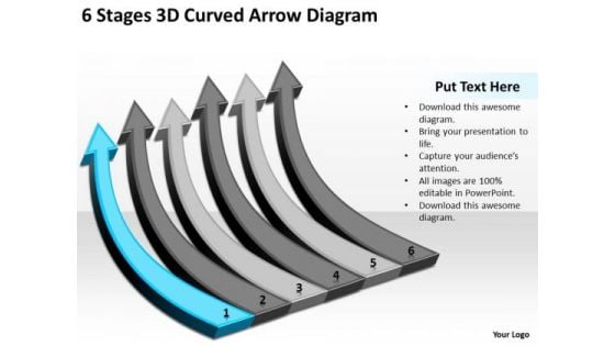 6 Stages 3d Curved Arrow Diagram Business Plan Template For Restaurant PowerPoint Slides