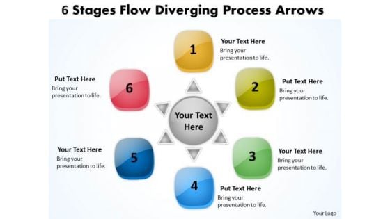 6 Stages Flow Diverging Process Arrows Relative Cycle Chart PowerPoint Slides